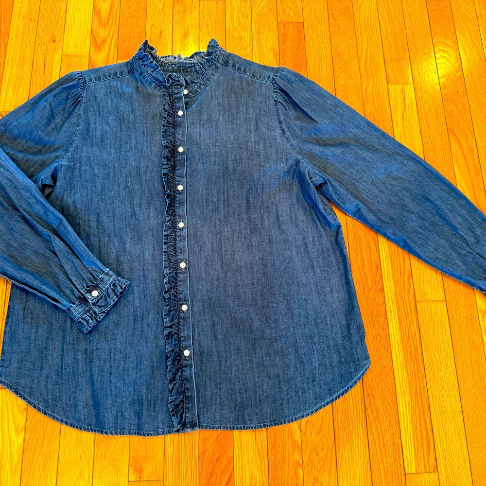 Ann Taylor Loft Denim Ruffle Button Down